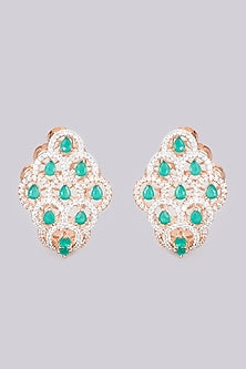 Rose Gold Finish Earrings With Green Stones