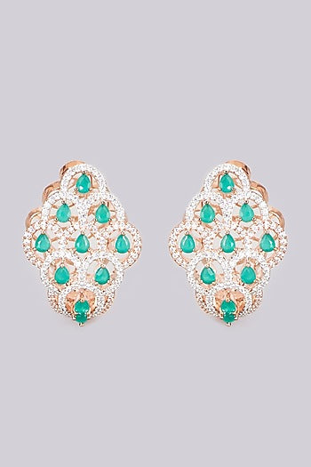 Rose Gold Finish Earrings With Green Stones