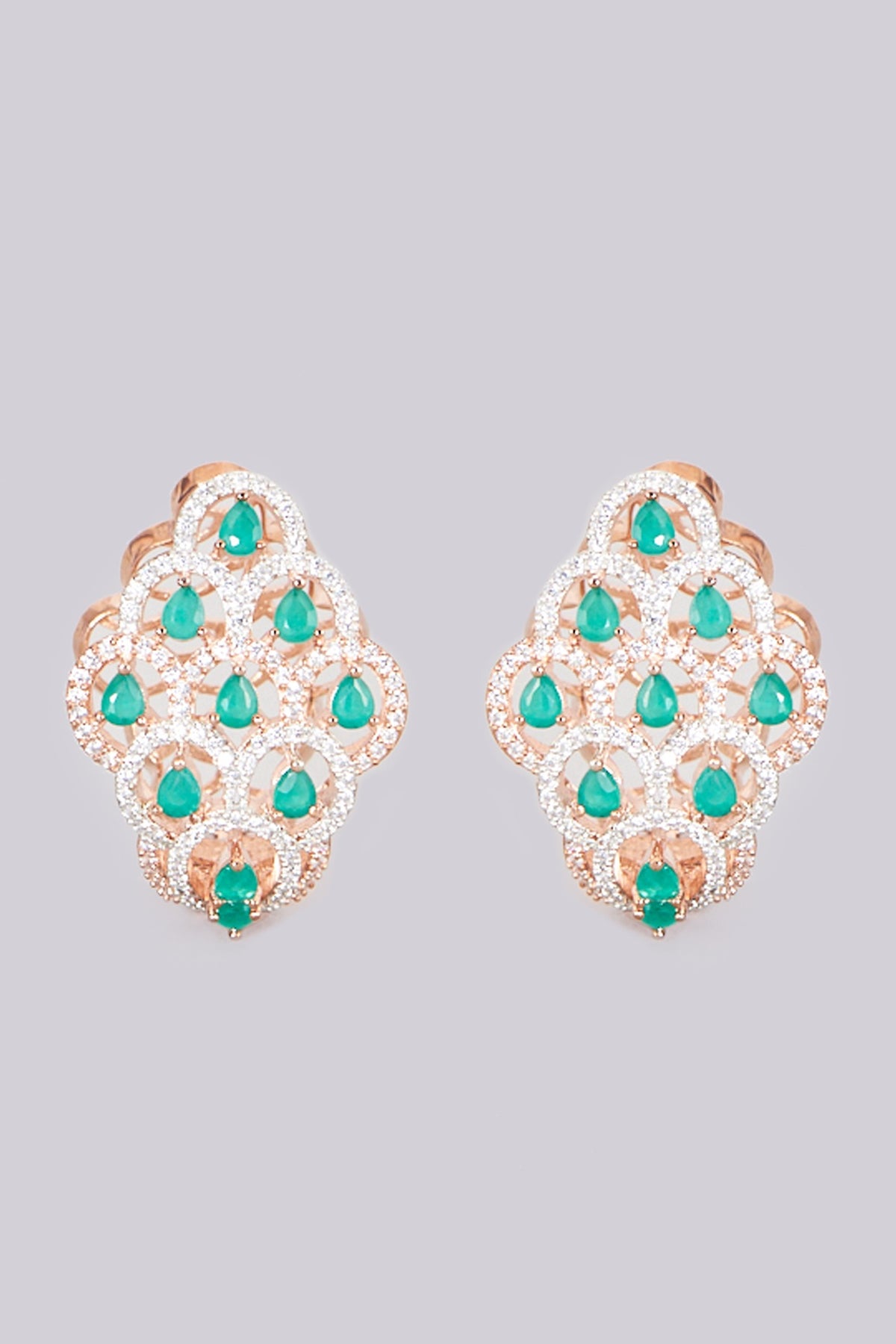 Rose Gold Finish Earrings With Green Stones