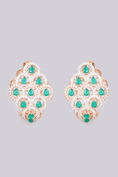 Rose Gold Finish Earrings With Green Stones