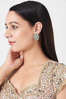 Rose Gold Finish Earrings With Green Stones