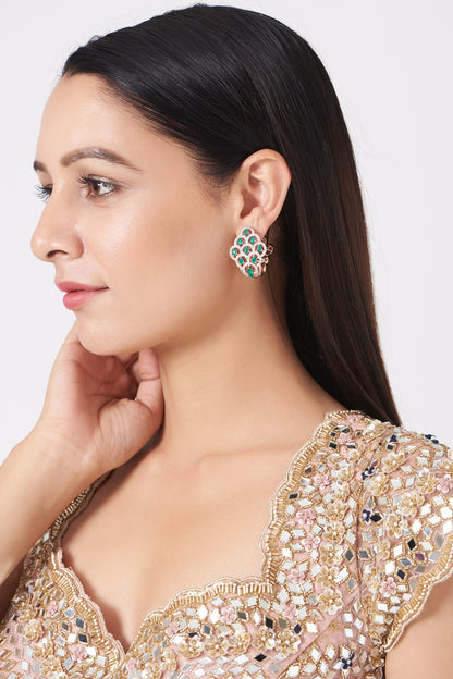 Rose Gold Finish Earrings With Green Stones