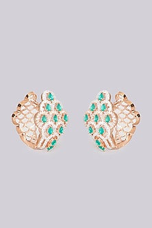 Rose Gold Finish Earrings With Green Stones