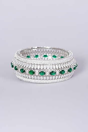 White Finish Faux Diamonds & Green Zircons Bangle