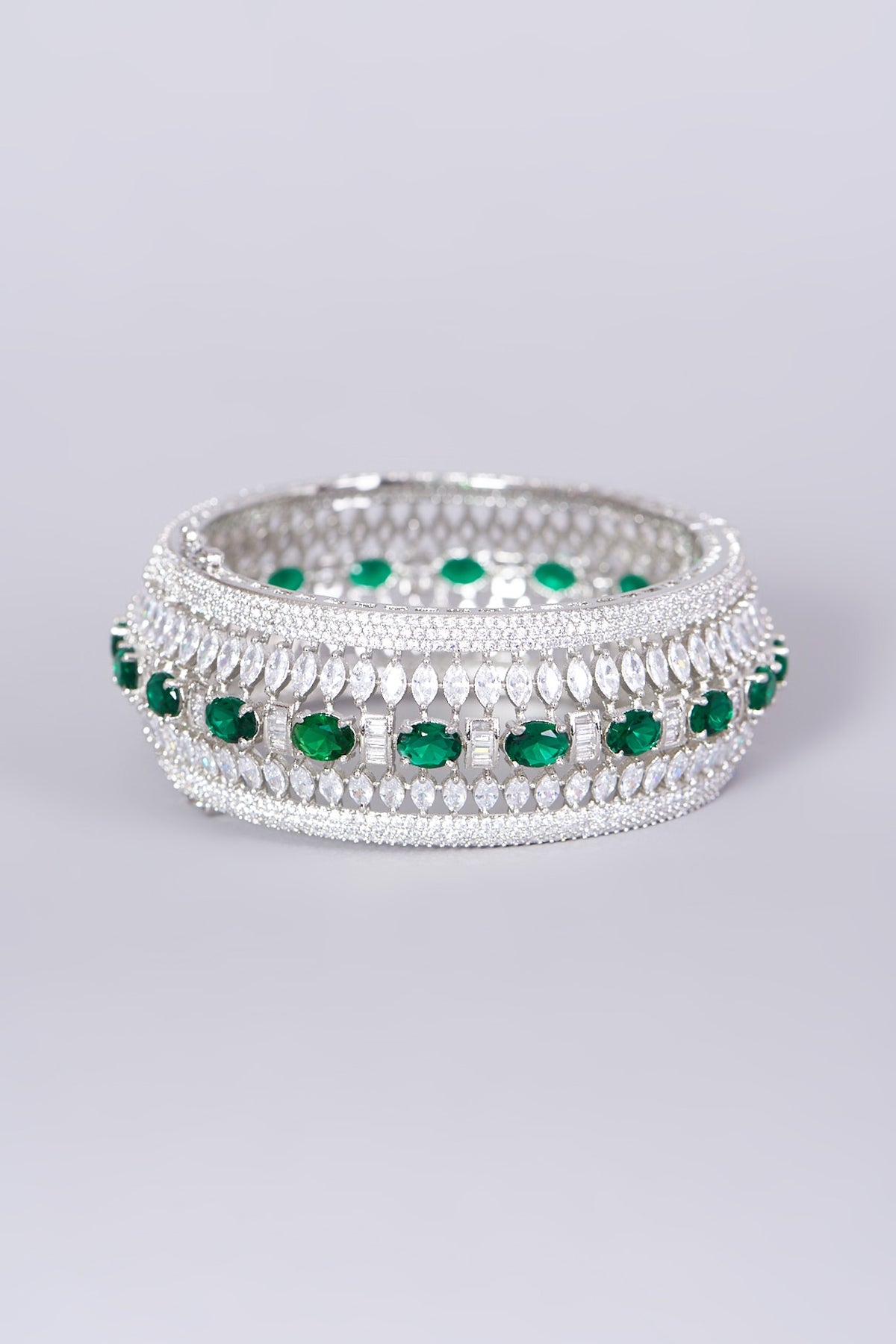 White Finish Faux Diamonds & Green Zircons Bangle