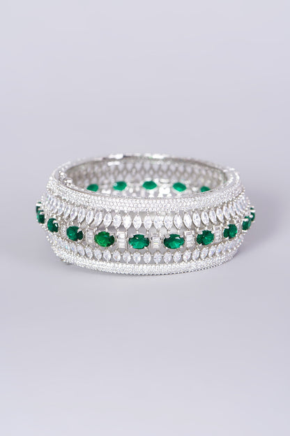 White Finish Faux Diamonds & Green Zircons Bangle