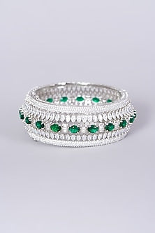 White Finish Faux Diamonds & Green Zircons Bangle