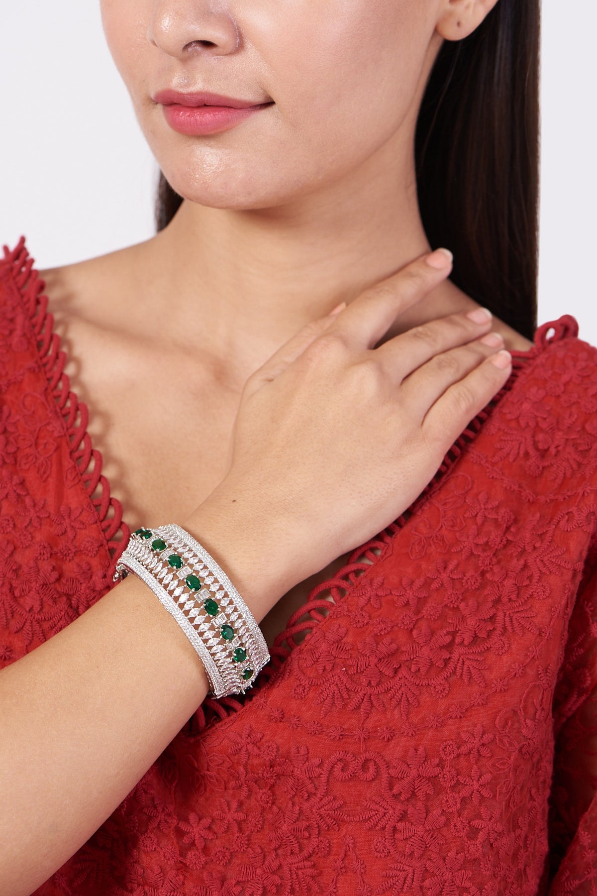 White Finish Faux Diamonds & Green Zircons Bangle