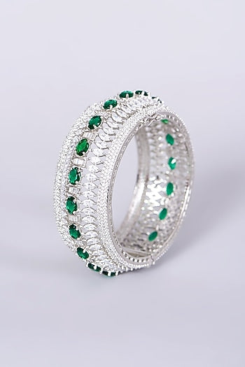 White Finish Faux Diamonds & Green Zircons Bangle