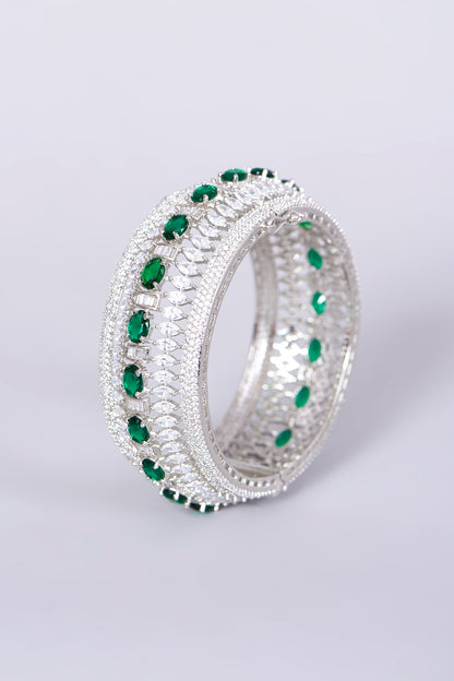 White Finish Faux Diamonds & Green Zircons Bangle