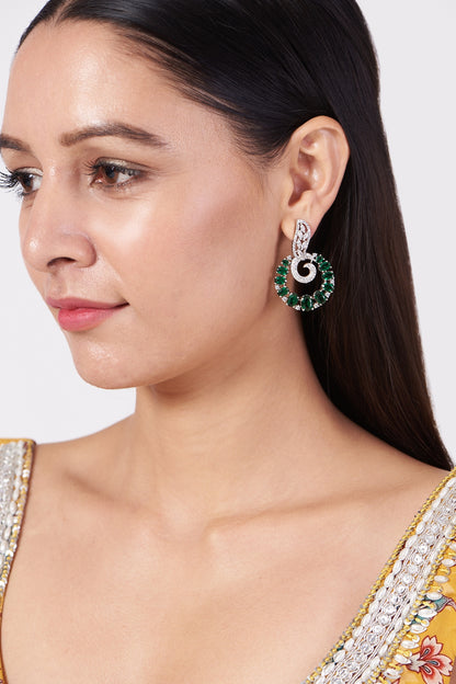 White Finish Zircon & Green Synthetic Stones Earrings
