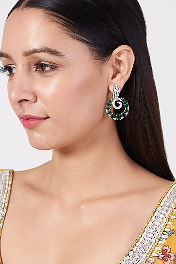 White Finish Zircon & Green Synthetic Stones Earrings