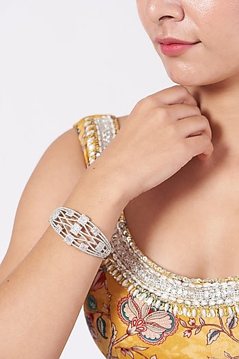 White Finish Openable Bangle With Faux Diamonds