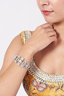 White Finish Openable Bangle With Faux Diamonds