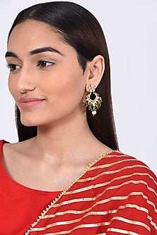 Gold Finish Kundan Polki & Green Beaded Earrings