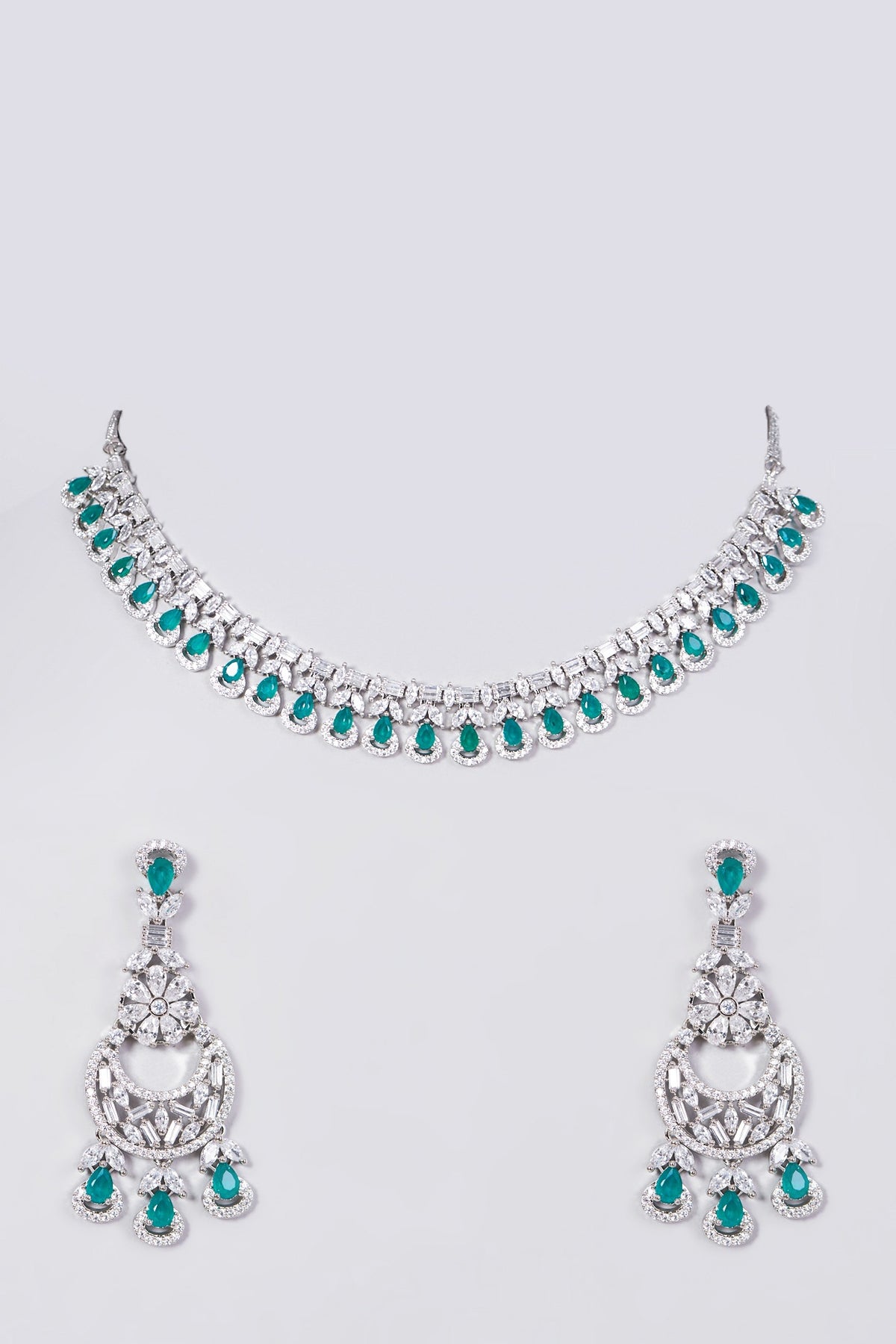 White Finish Faux Diamond Necklace Set With Green Stones