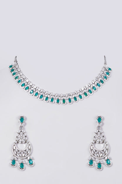 White Finish Faux Diamond Necklace Set With Green Stones