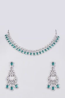 White Finish Faux Diamond Necklace Set With Green Stones