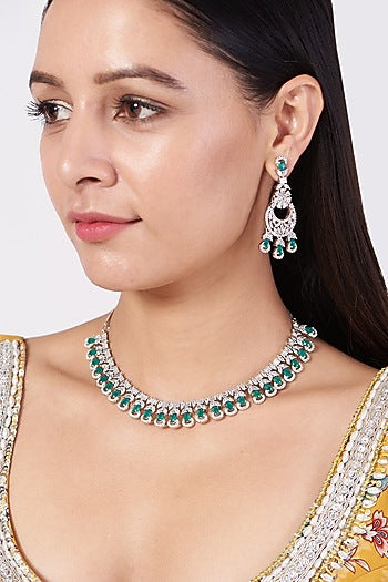 White Finish Faux Diamond Necklace Set With Green Stones