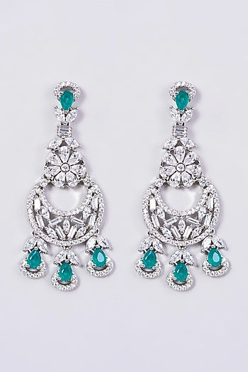 White Finish Faux Diamond Necklace Set With Green Stones