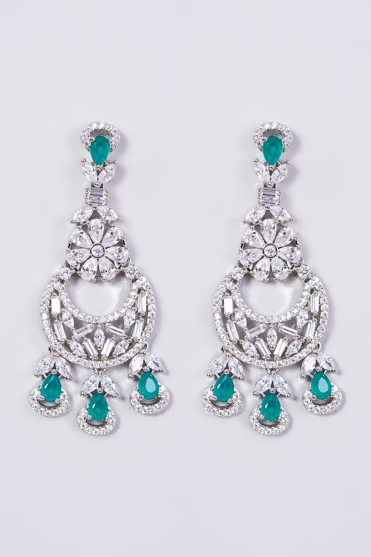 White Finish Faux Diamond Necklace Set With Green Stones