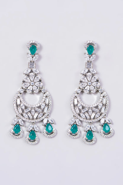 White Finish Faux Diamond Necklace Set With Green Stones