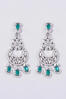 White Finish Faux Diamond Necklace Set With Green Stones