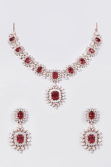 Rose Gold Finish Necklace Set With Red Stones