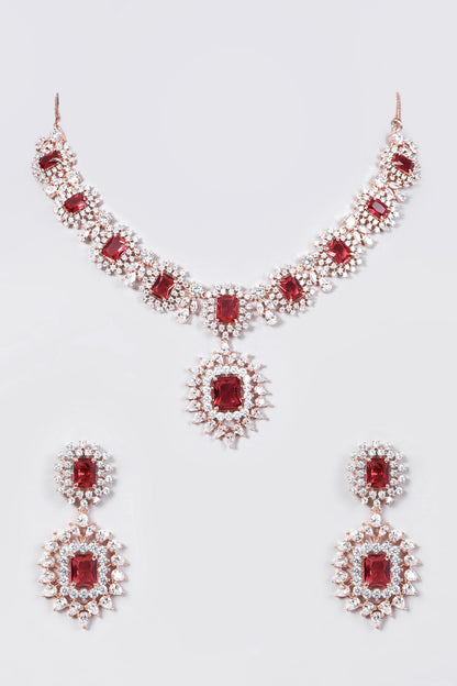 Rose Gold Finish Necklace Set With Red Stones