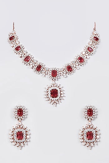 Rose Gold Finish Necklace Set With Red Stones