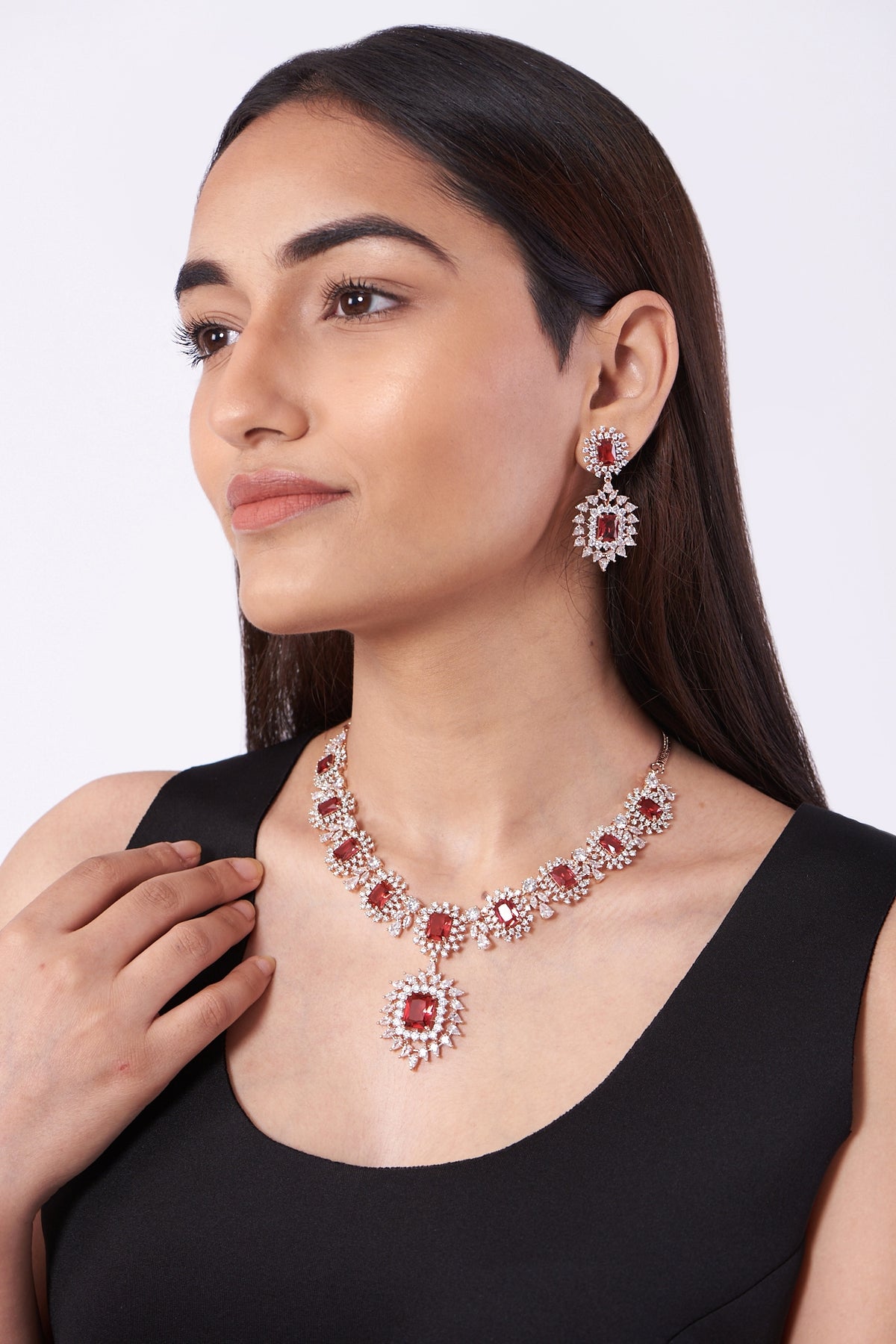 Rose Gold Finish Necklace Set With Red Stones