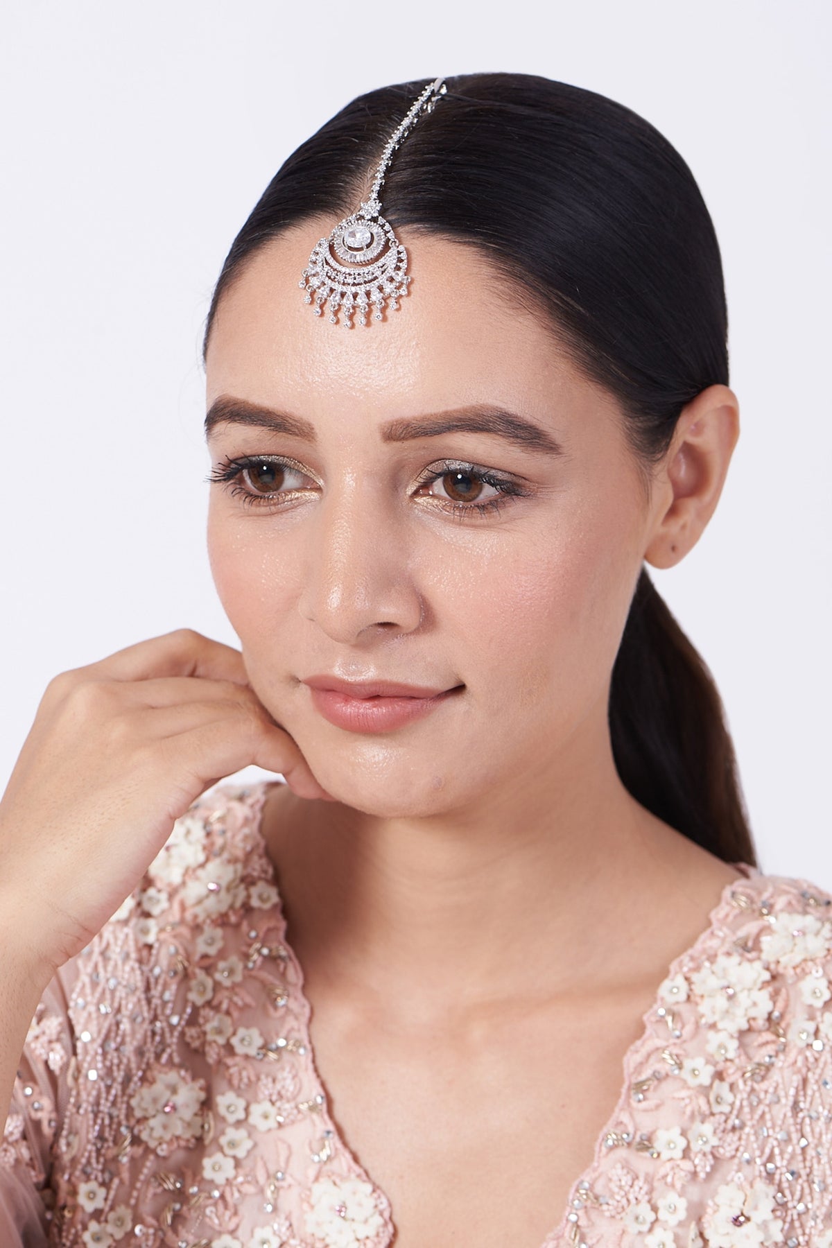 White Finish Maang Tikka With Faux Diamonds
