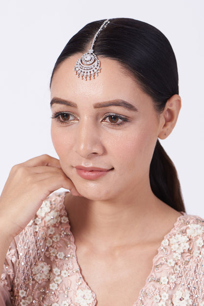White Finish Maang Tikka With Faux Diamonds