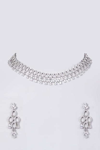 White Finish Faux Diamond Necklace Set