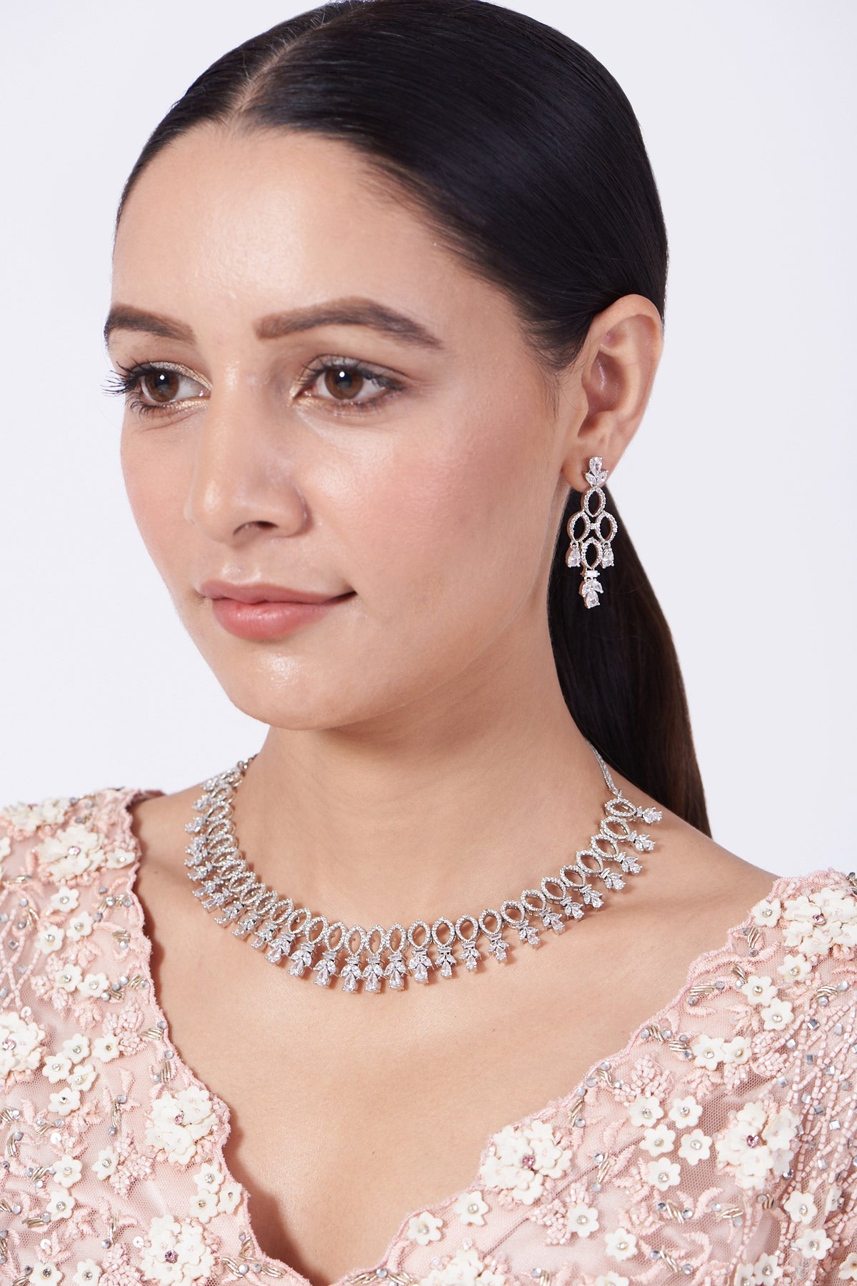 White Finish Faux Diamond Necklace Set