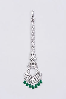 White Finish Maang Tikka With Green Synthetic Stones