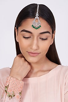 White Finish Maang Tikka With Green Synthetic Stones