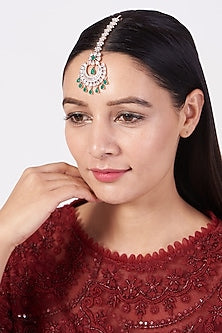Rose Gold Finish Green Synthetic Stone Maang Tikka