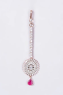 Rose Gold Finish Maang Tikka With Pink Stone Drop
