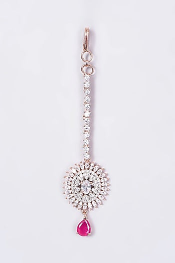 Rose Gold Finish Maang Tikka With Pink Stone Drop