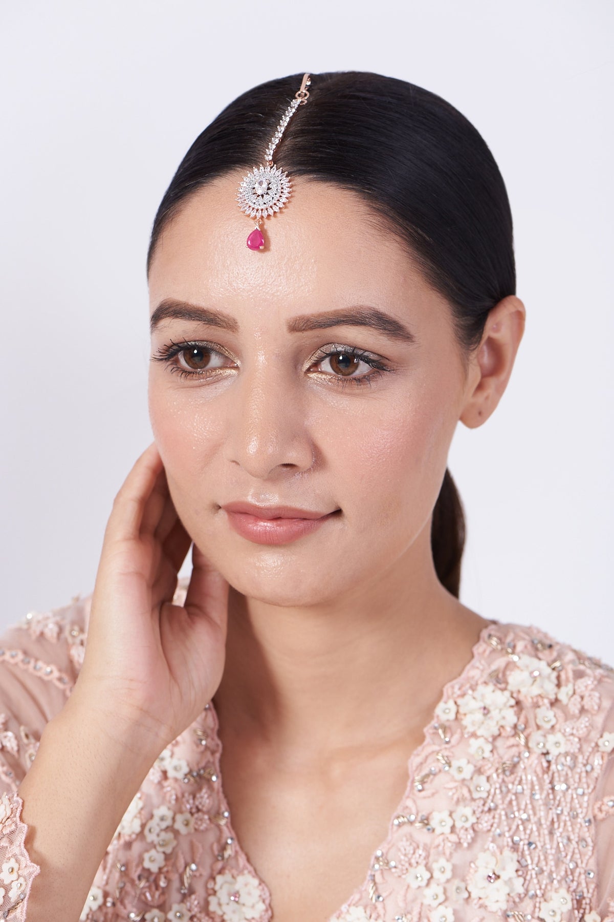 Rose Gold Finish Maang Tikka With Pink Stone Drop