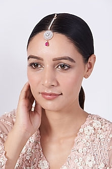Rose Gold Finish Maang Tikka With Pink Stone Drop