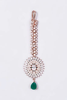 Rose Gold Finish Maang Tikka With Green Stone Drop