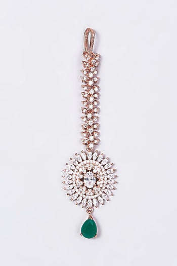 Rose Gold Finish Maang Tikka With Green Stone Drop
