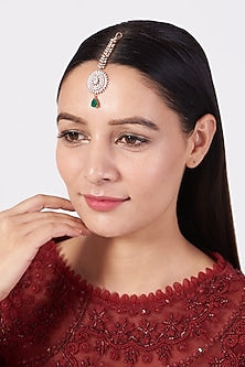 Rose Gold Finish Maang Tikka With Green Stone Drop