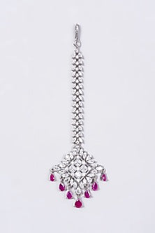 White Finish Maang Tikka With Pink Synthetic Stones