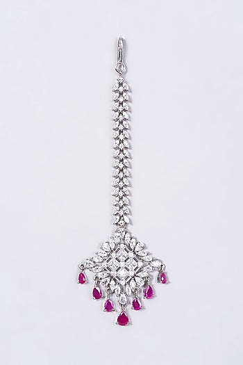 White Finish Maang Tikka With Pink Synthetic Stones
