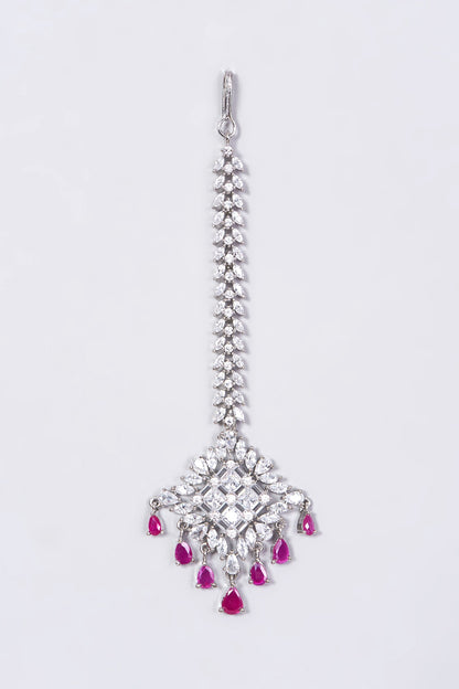 White Finish Maang Tikka With Pink Synthetic Stones