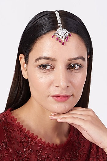 White Finish Maang Tikka With Pink Synthetic Stones