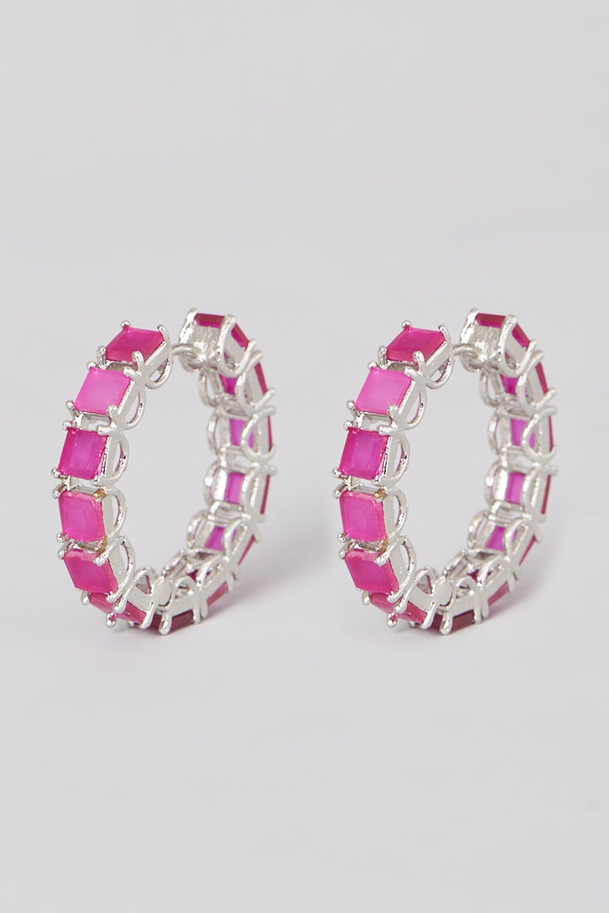 Black Rhodium Finish Earrings With Pink Synthetic Stones